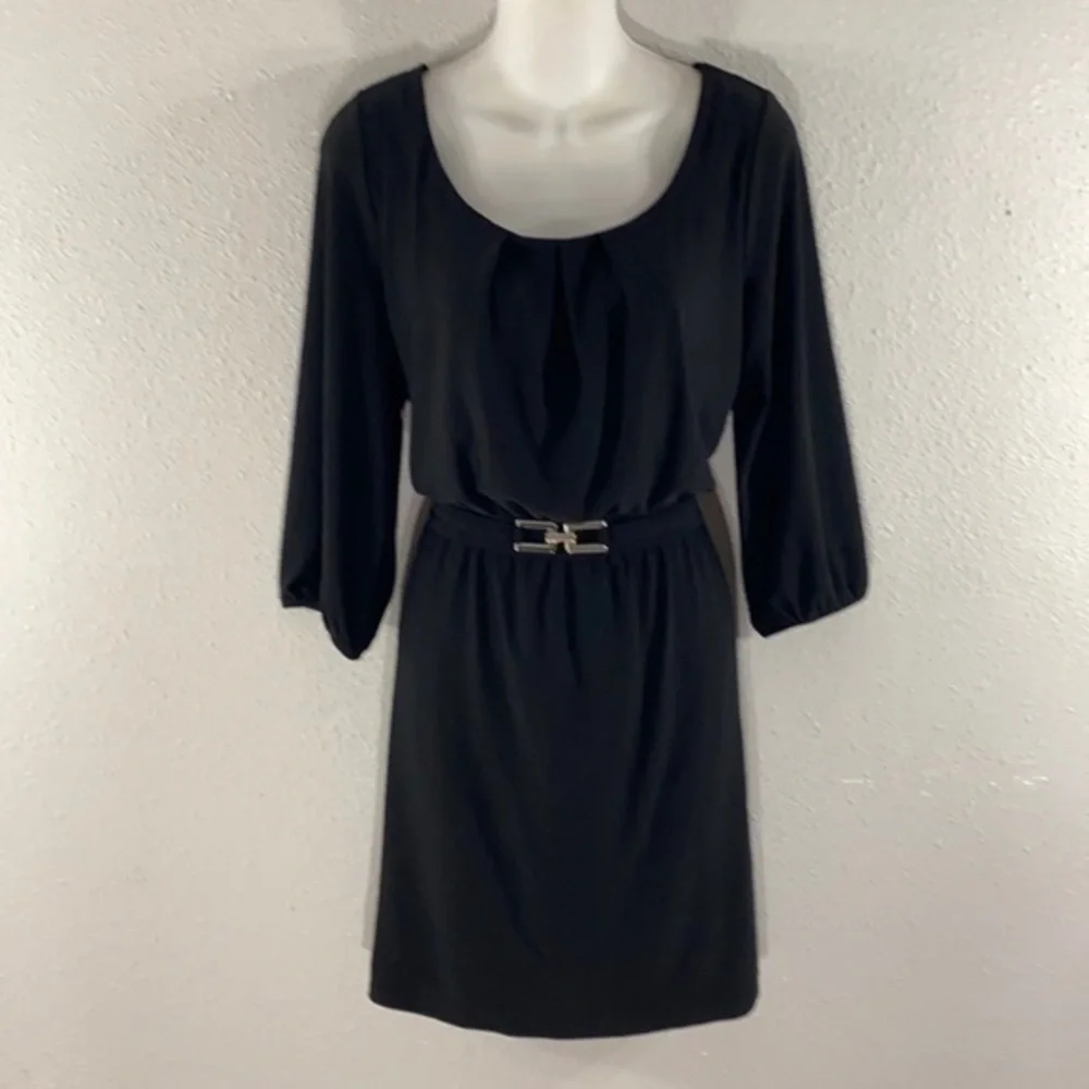 WHBM black blouson attached belt dress